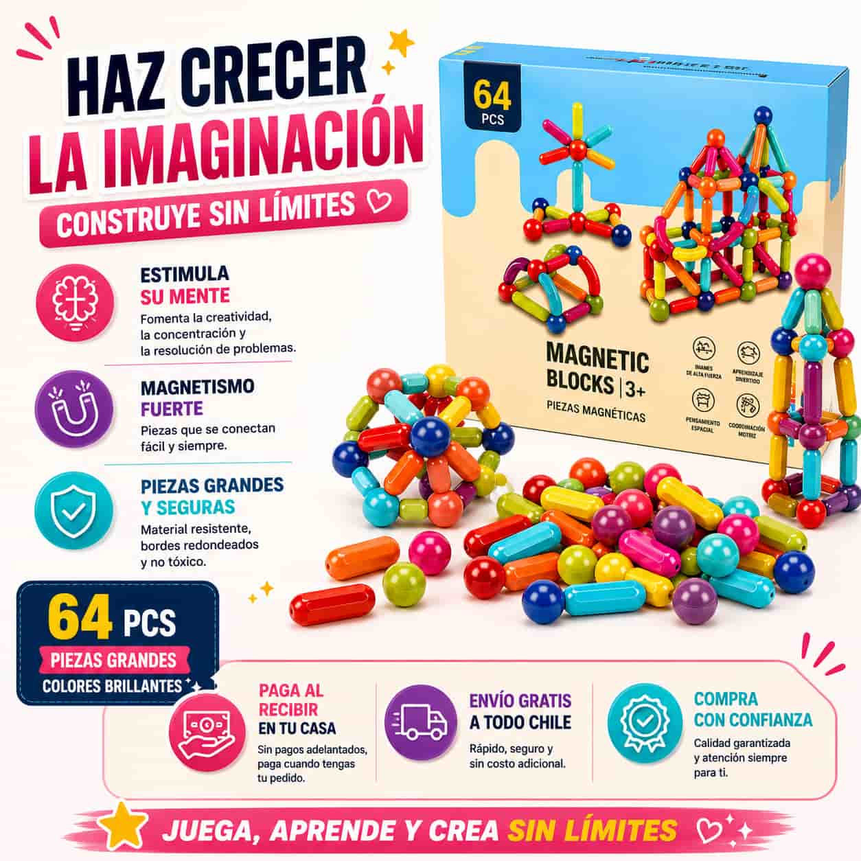 Bloques magnéticos 64Pcs.Desarrolla Creatividad Sin Pantallas en 5 Min
